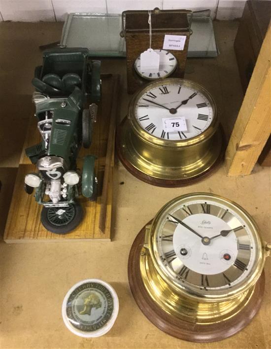 Eight day brass timepiece with oak slip case and 2 ships clocks, Cherry Toothpaste pot lid, & model of Bentley(-)